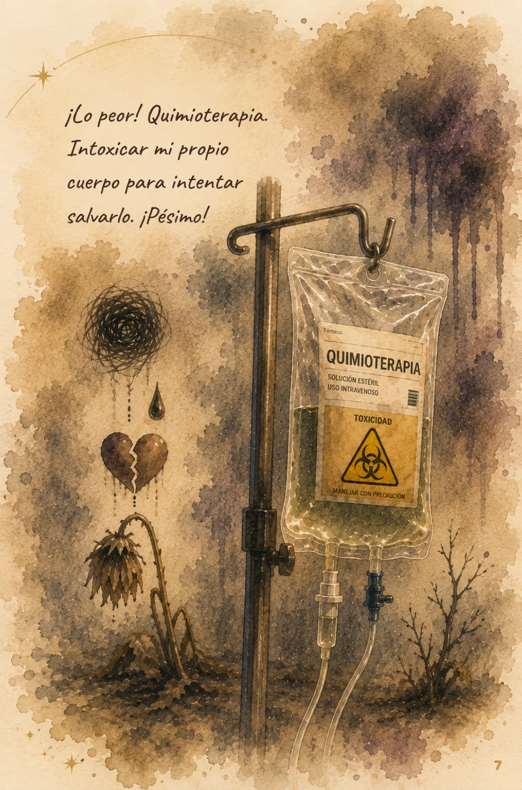 Bolsa de suero de quimioterapia con símbolo de toxicidad. ¡Lo peor! Quimioterapia. Intoxicar mi propio cuerpo para intentar salvarlo. ¡Pésimo!