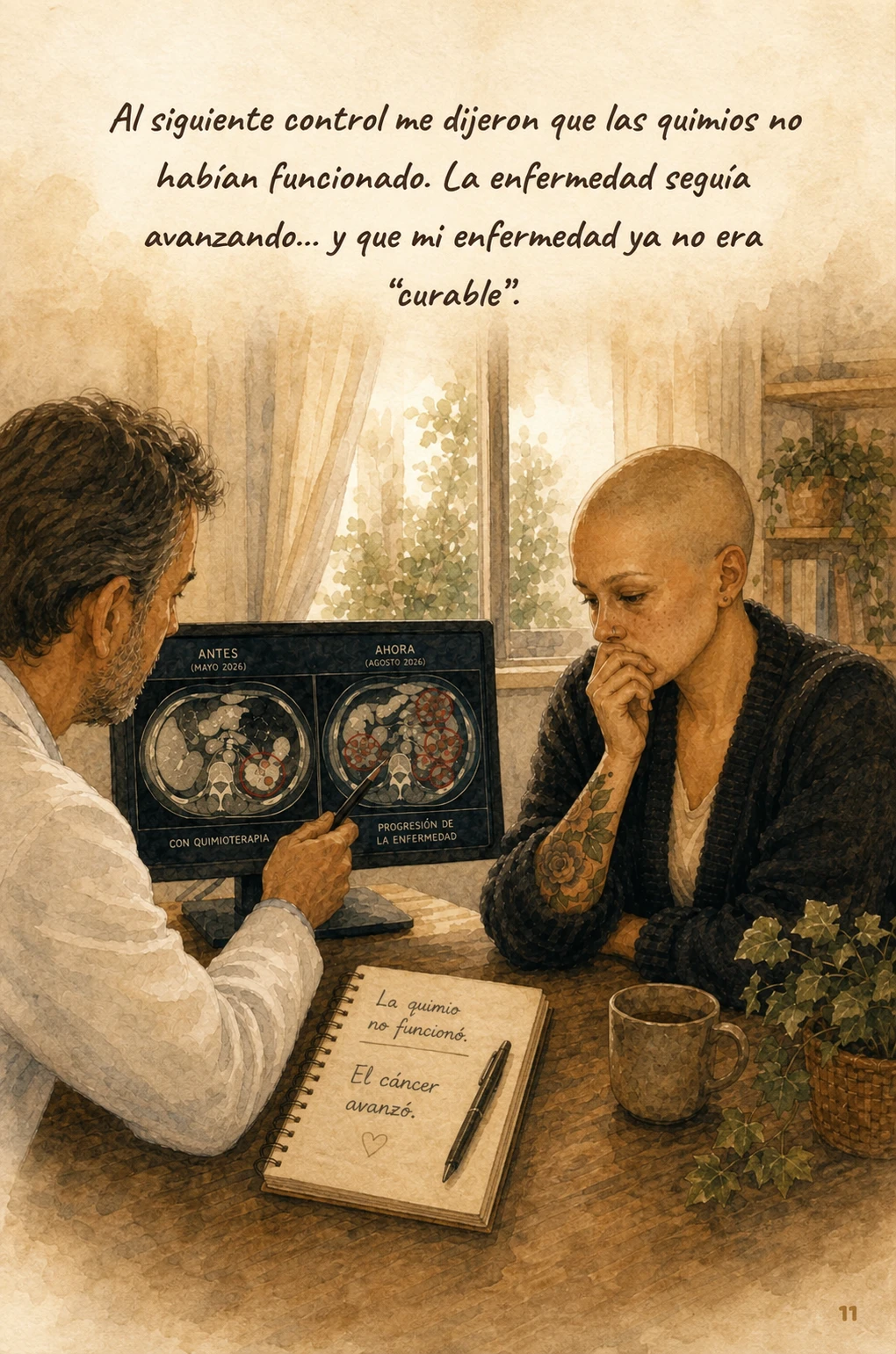 Médico mostrándole a Camila el avance de la enfermedad en sus exámenes. Al siguiente control me dijeron que las quimios no habían funcionado. La enfermedad seguía avanzando… y que mi enfermedad ya no era “curable”.