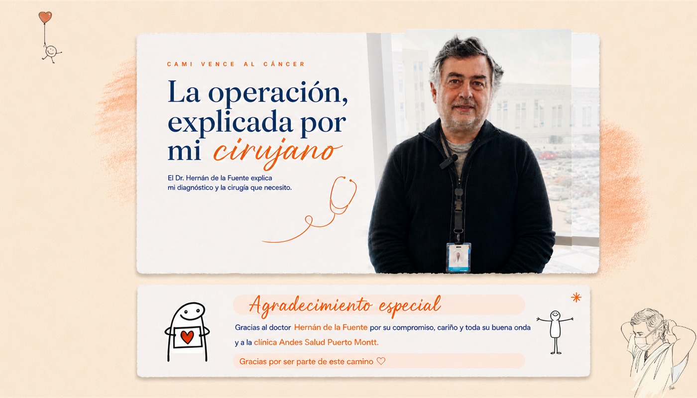 Cami vence al cáncer. La operación, explicada por mi cirujano. El Dr. Hernán de la Fuente explica mi diagnóstico y la cirugía que necesito. Agradecimiento especial — gracias al doctor Hernán de la Fuente por su compromiso, cariño y toda su buena onda, y a la clínica Andes Salud Puerto Montt.